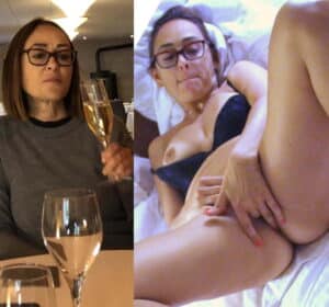 Woman in restaurant holding champagne glass; second scene shows a topless woman in bed with another person partially visible.